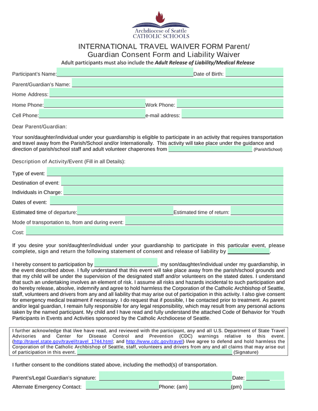 International Travel Waiver Form screenshot