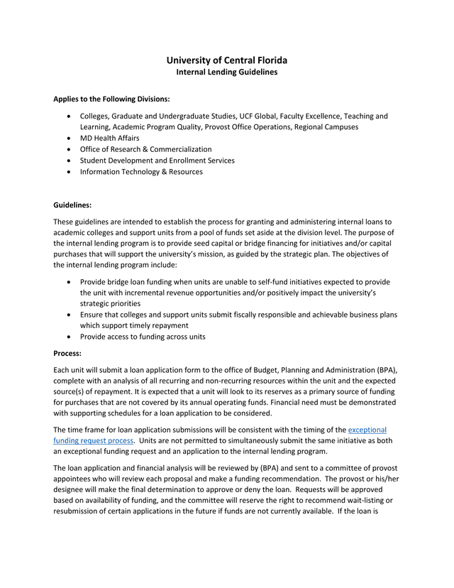 University Of Central Florida Internal Lending Guidelines screenshot