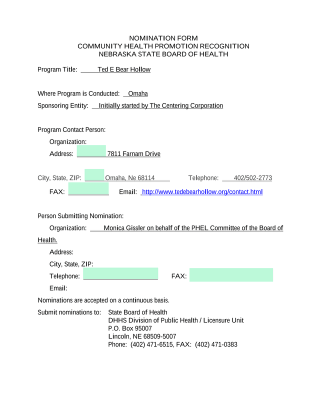 NOMINATION FORM   COMMUNITY HEALTH PROMOTION RECOGNITION screenshot