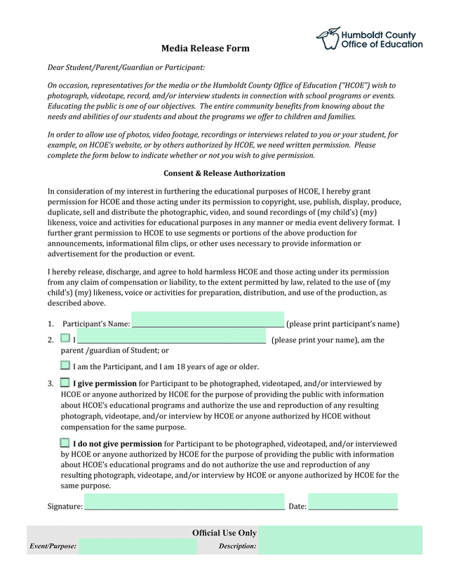 Media Release Form screenshot