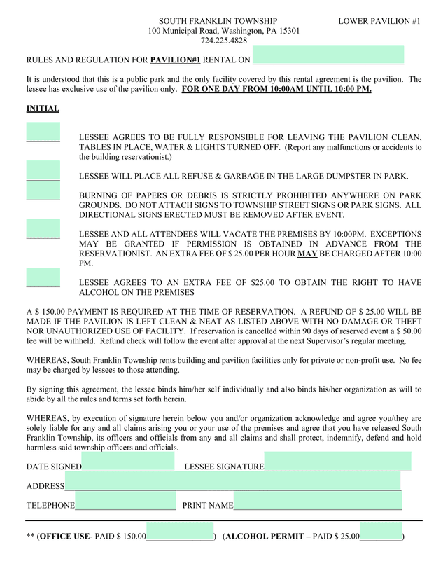 Lower Pavilion 1 Rental Agreement screenshot