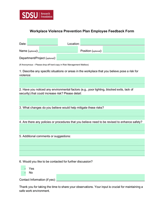 Workplace Violence Prevention Plan Employee Feedback Form screenshot