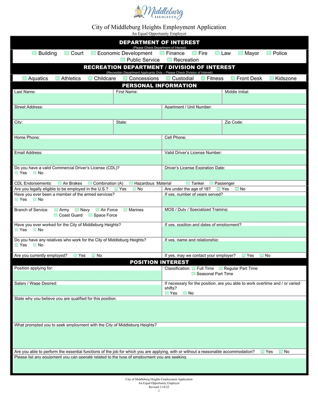 City Of Middleburg Heights Employment Application screenshot