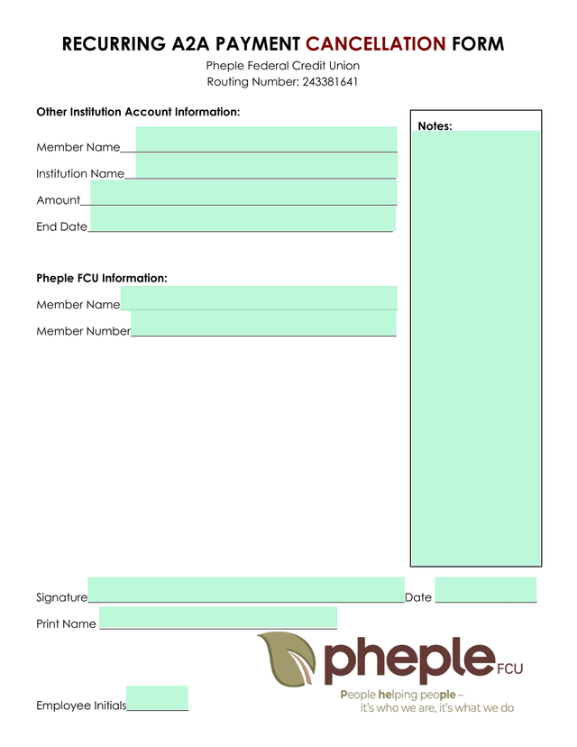 RECURRING A2A PAYMENT CANCELLATION FORM screenshot