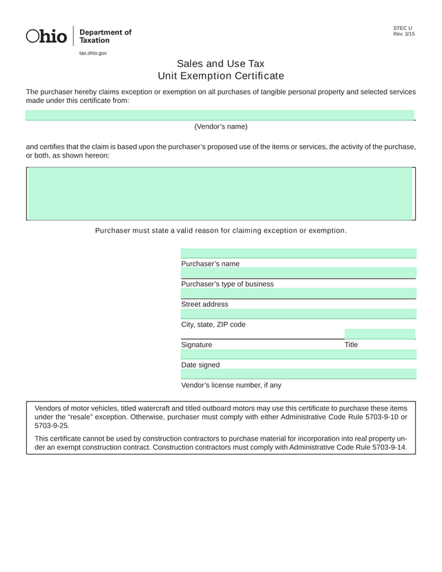 Unit Exemption Certificate screenshot