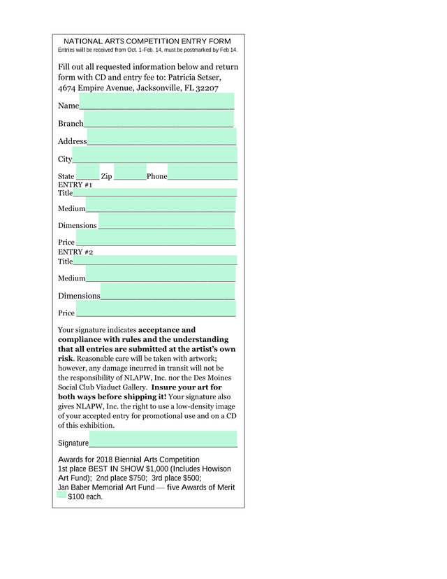 NATIONAL ARTS COMPETITION ENTRY FORM screenshot