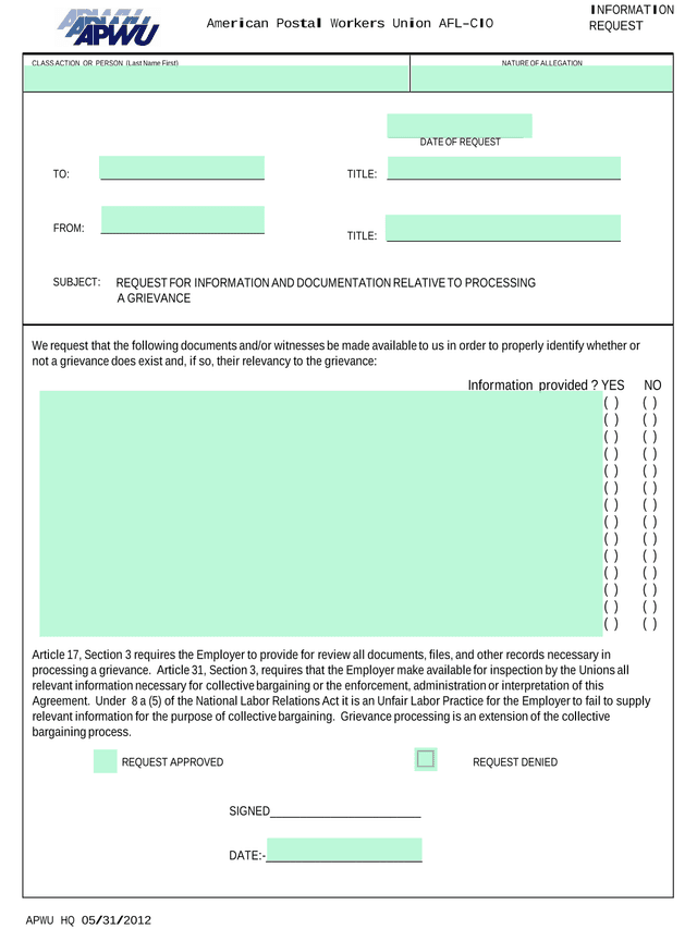 APWU Information Request Form screenshot