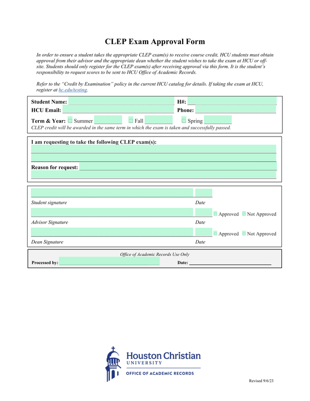CLEP Exam Approval Form screenshot