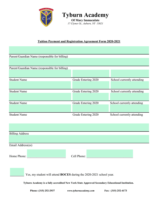 Tuition Payment And Registration Agreement Form 2020 2021 screenshot