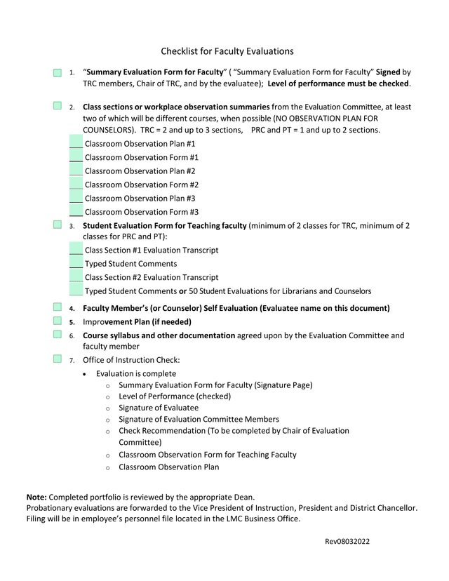 Checklist For Faculty Evaluations screenshot
