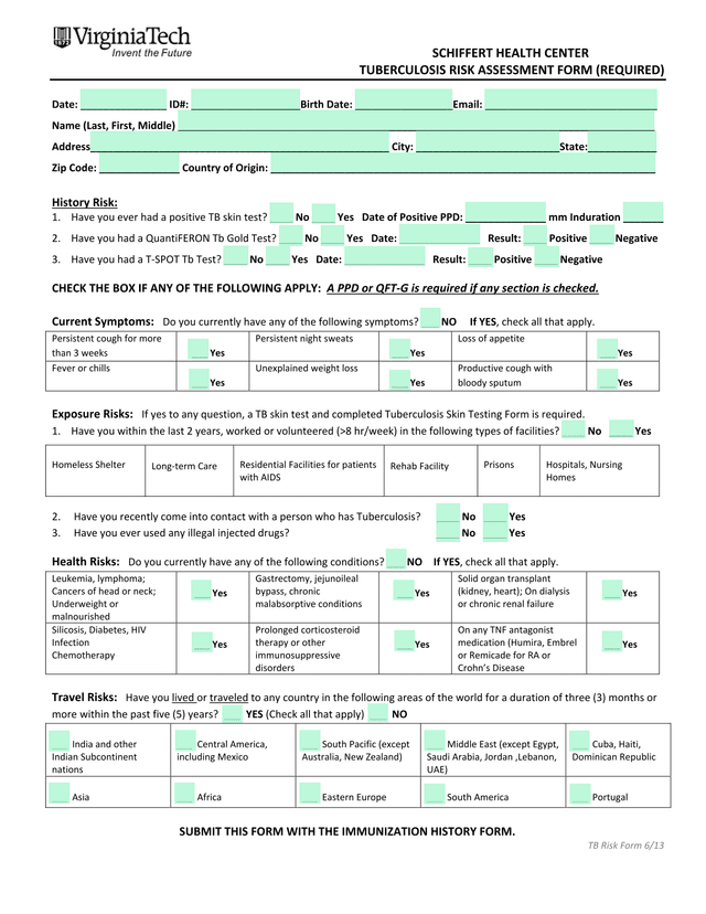 Tuberculosis Risk Assessment Form (Required) screenshot