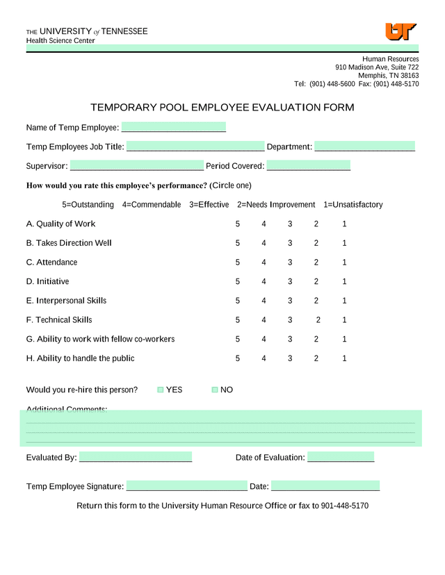 Temporary Pool Employee Evaluation Form screenshot