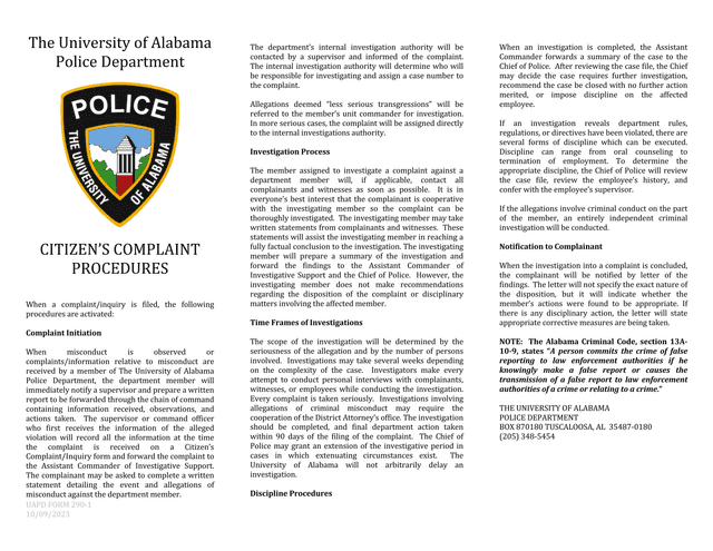 UAPD Form 290 1 CitizenS Complaint Procedures screenshot