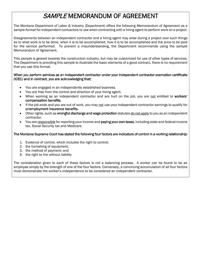 Sample Memorandum Of Agreement screenshot