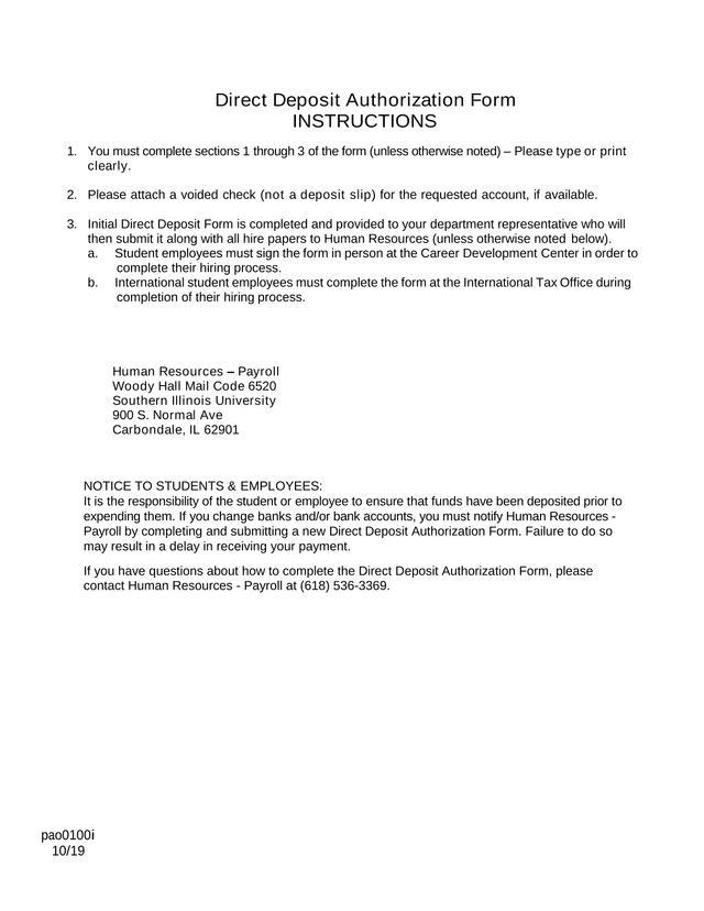 Direct Deposit Authorization Form screenshot