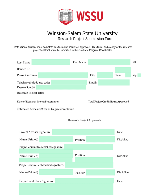 Winston Salem State University Research Project Submission Form screenshot