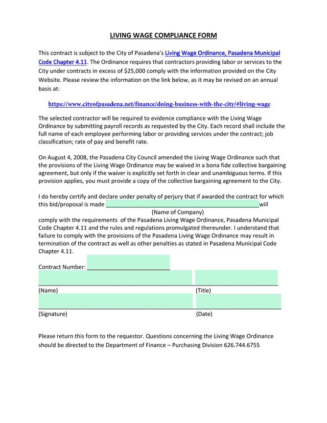 Living Wage Compliance Form screenshot