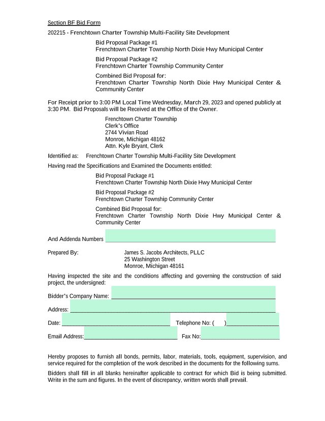 Section BF Bid Form   Frenchtown Charter Township Multi Facility Site Development screenshot
