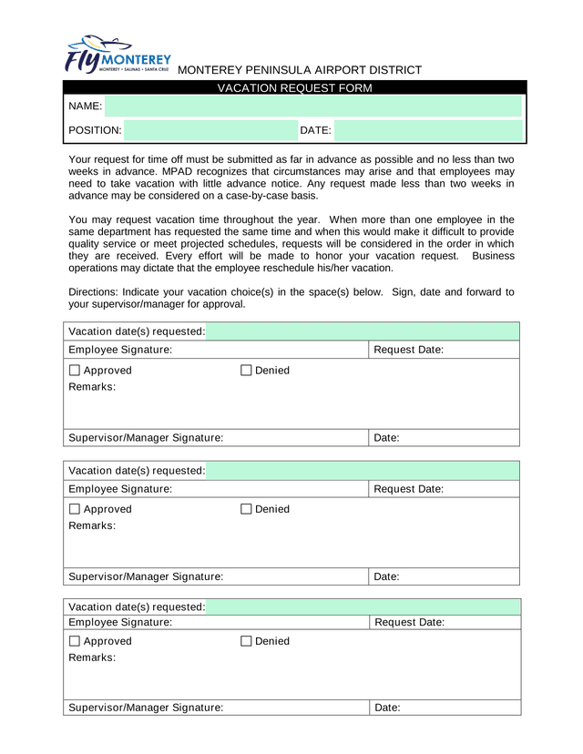 VACATION REQUEST FORM screenshot