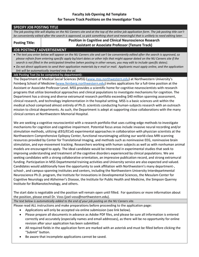 Faculty Job Opening Ad Template For Tenure Track Positions On The Investigator Track screenshot