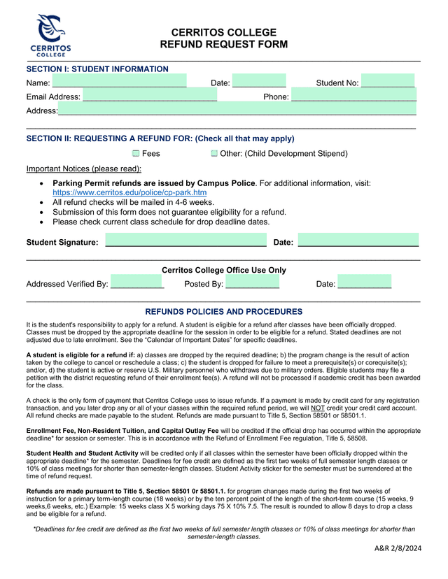 Refund Request Form screenshot