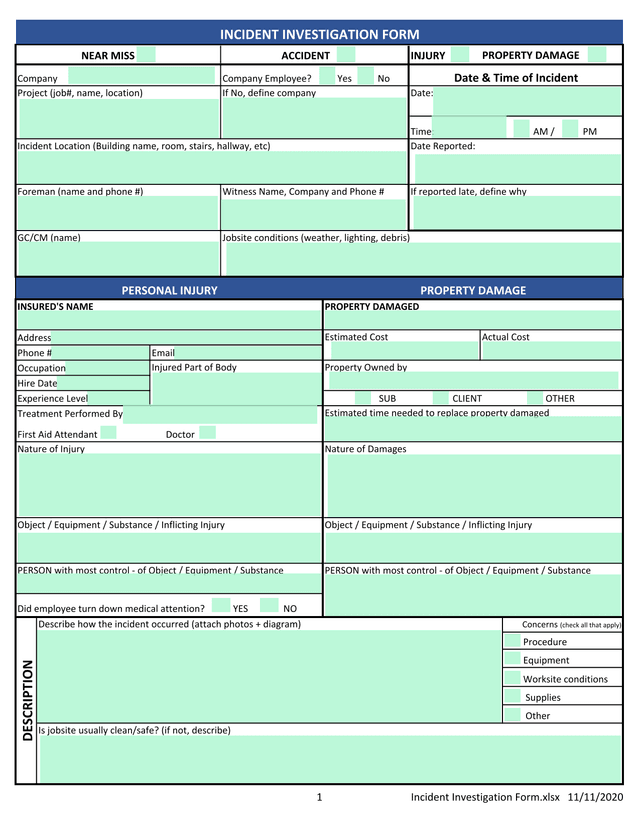 Incident Investigation Form screenshot