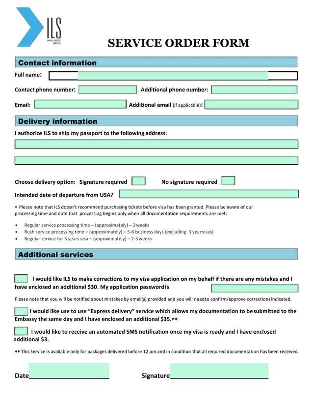 Service Order Form screenshot