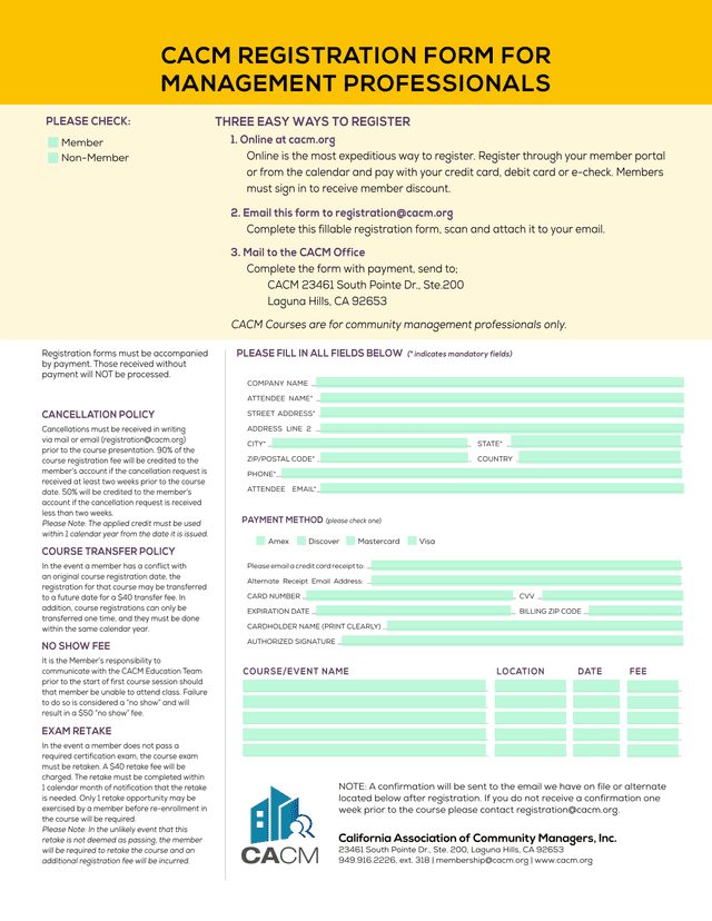 CACM REGISTRATION FORM FOR MANAGEMENT PROFESSIONALS screenshot