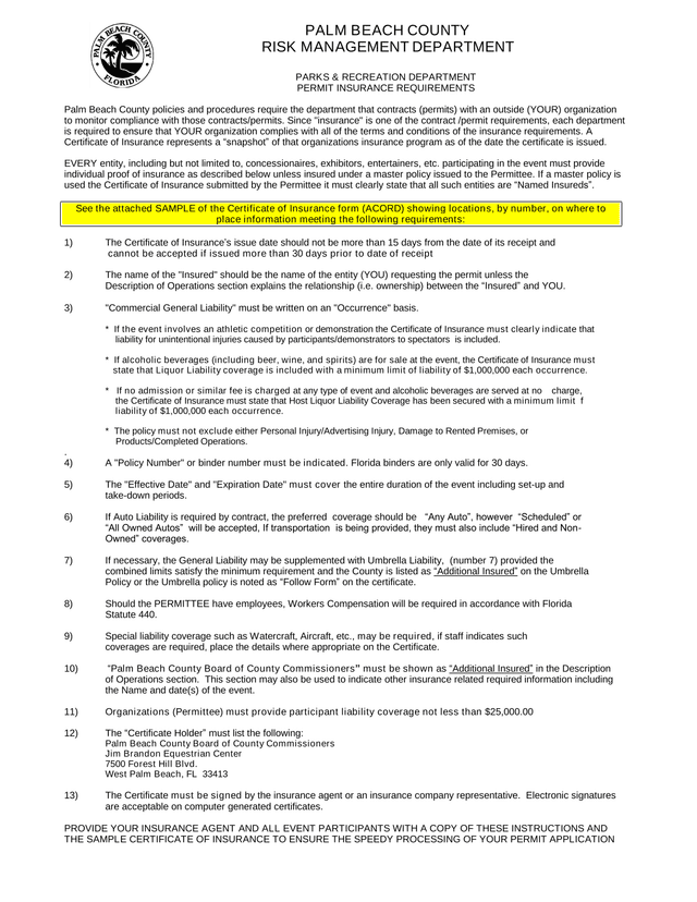 PARKS  RECREATION DEPARTMENT PERMIT INSURANCE REQUIREMENTS screenshot