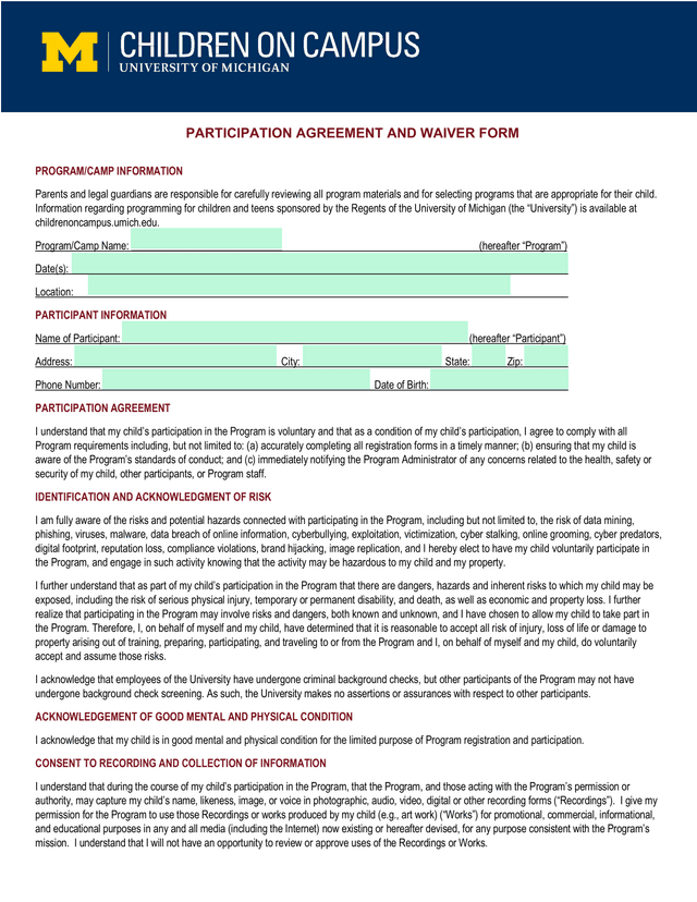 Participation Agreement And Waiver Form screenshot