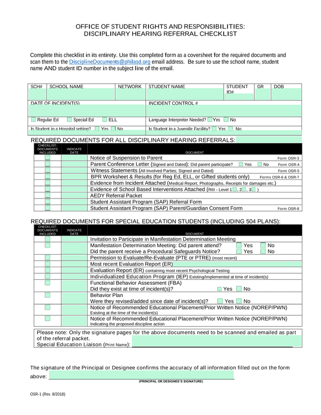 OSR 1 Disciplinary Hearing Referral Checklist screenshot