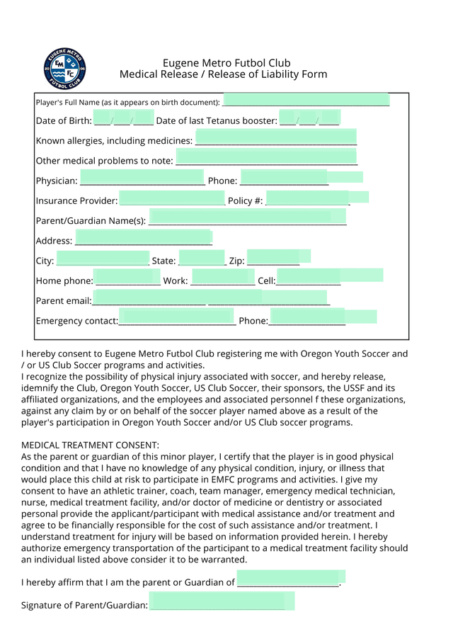 Eugene Metro Futbol Club Medical Release  Release Of Liability Form screenshot