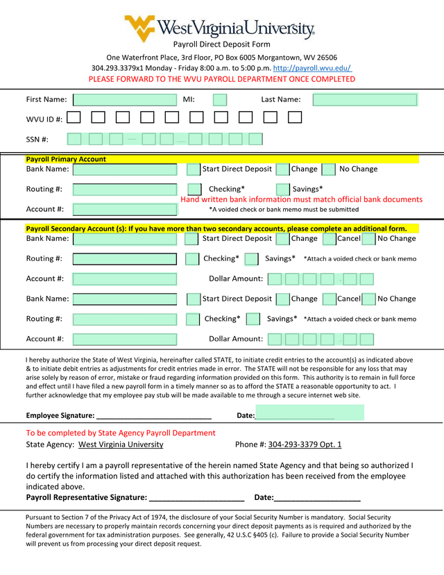 Payroll Direct Deposit Form screenshot