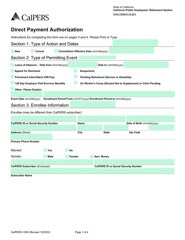 CalPERS 1008 Direct Payment Authorization screenshot