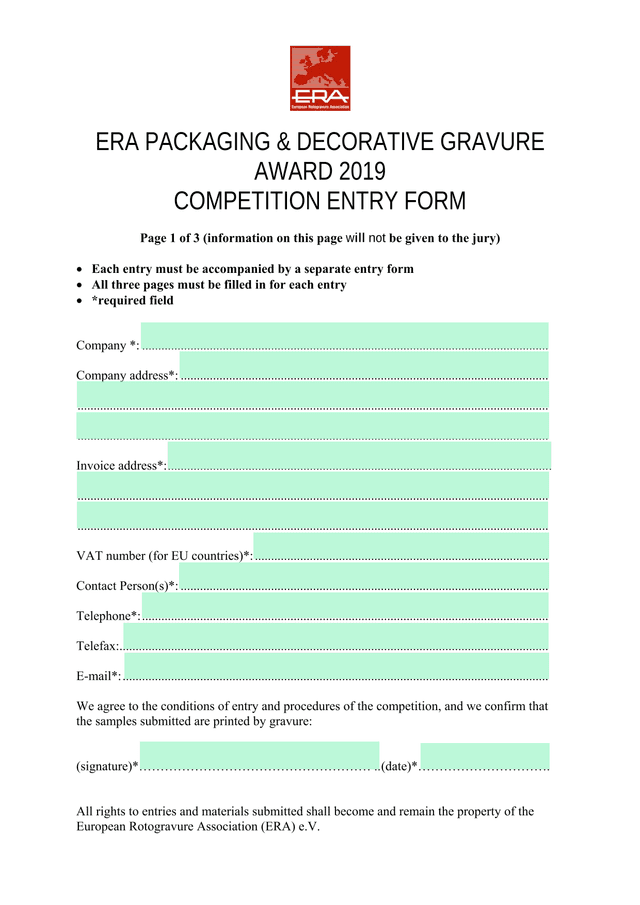 ERA Packaging  Decorative Gravure Award 2019 Competition Entry Form screenshot