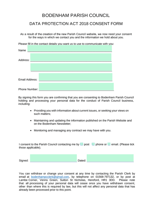 Data Protection Act 2018 Consent Form screenshot