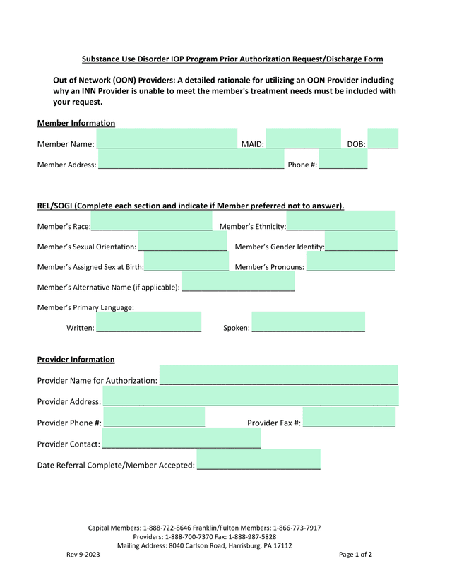 Substance Use Disorder IOP Program Prior Authorization RequestDischarge Form screenshot