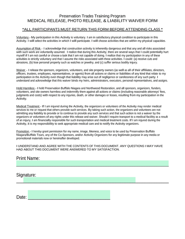 Medical Release, Photo Release,  Liability Waiver Form screenshot