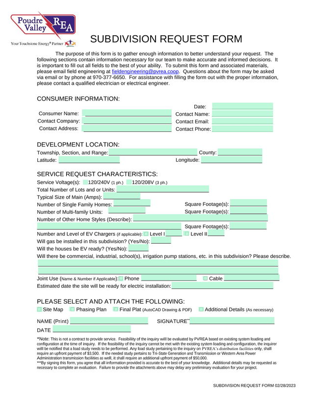 SUBDIVISION REQUEST FORM screenshot