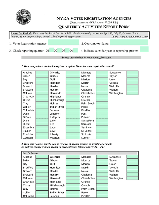 NVRA Voter Registration Agencies Quarterly Activities Report Form screenshot