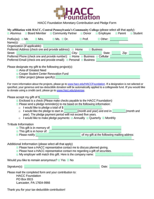 HACC Foundation Monetary Contribution And Pledge Form screenshot