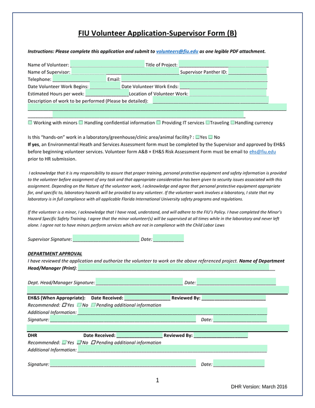 FIU Volunteer Application Supervisor Form (B) screenshot