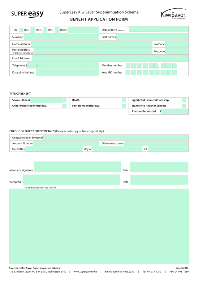 SuperEasy KiwiSaver Superannuation Scheme Benefit Application Form screenshot