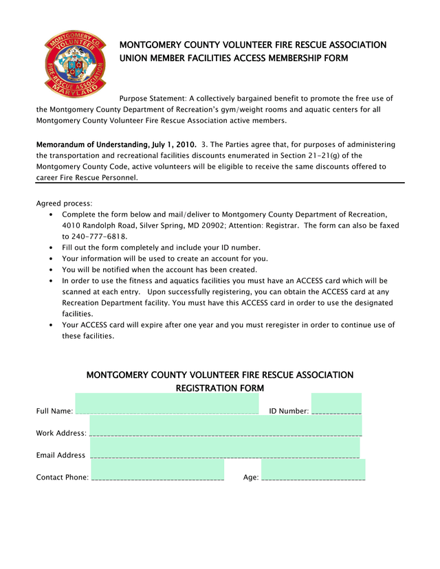 Montgomery County Volunteer Fire Rescue Association Union Member Facilities Access Membership Form screenshot