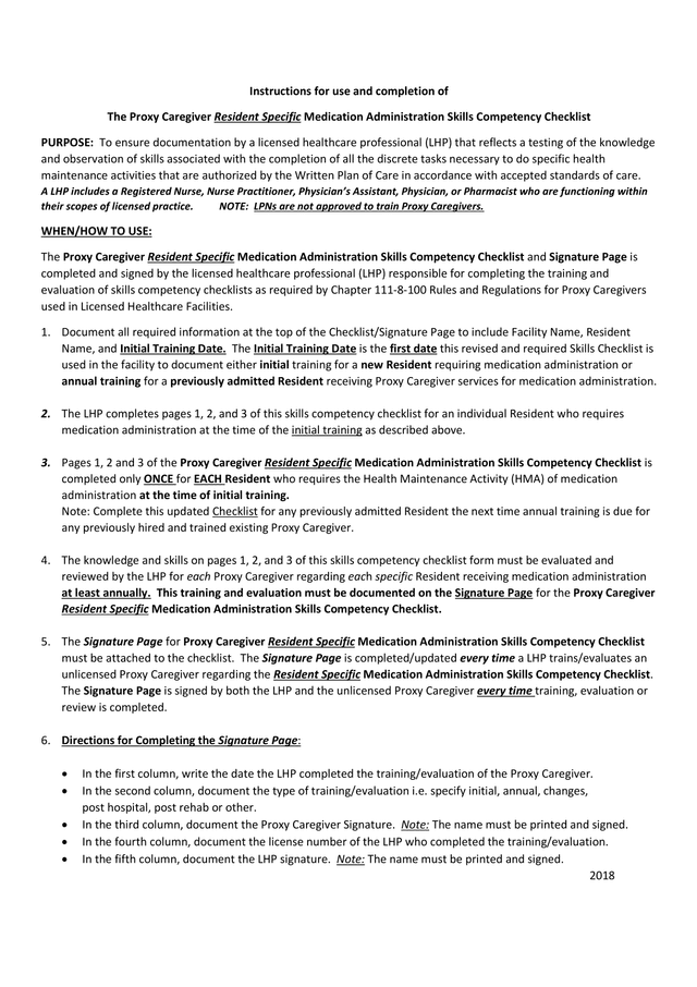 Proxy Caregiver Resident Specific Medication Administration Skills Competency Checklist screenshot