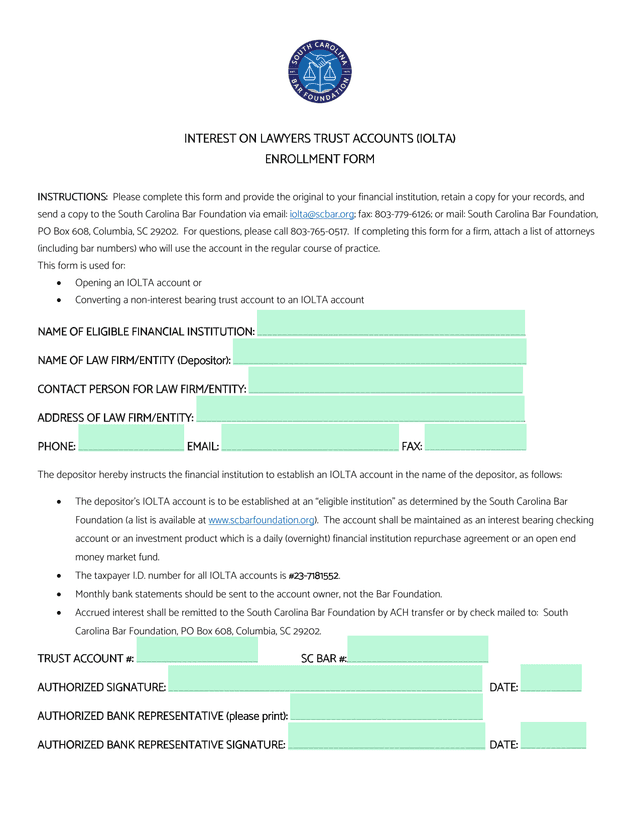 Interest On Lawyers Trust Accounts (IOLTA) Enrollment Form screenshot