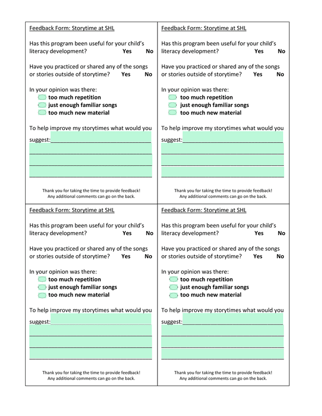 Feedback Form Storytime At SHL screenshot
