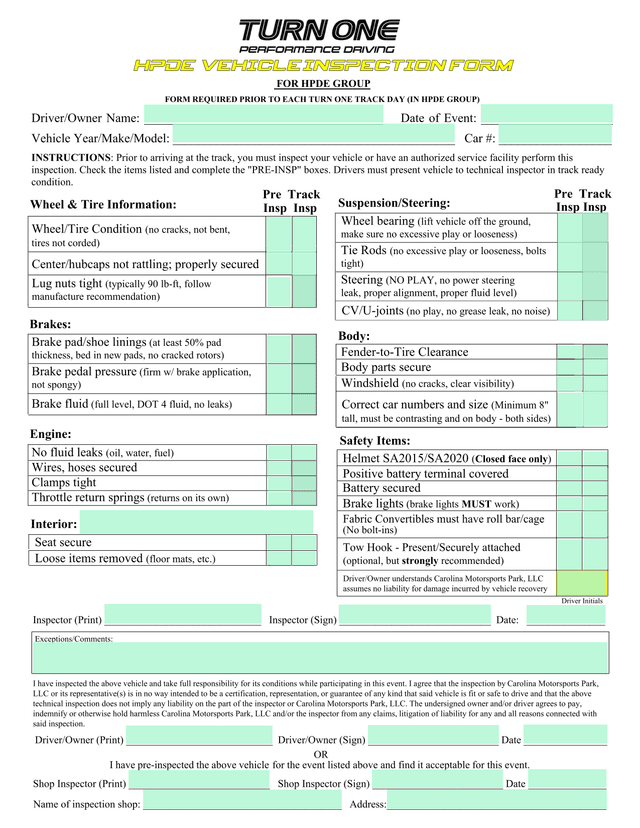 HPDE VEHICLE INSPECTION FORM screenshot