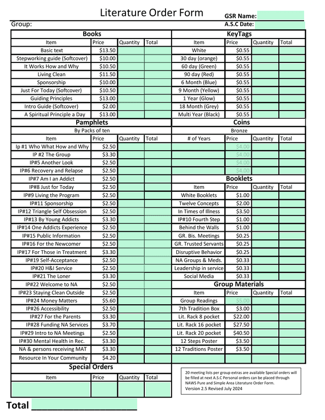 Group Literature Order Form screenshot