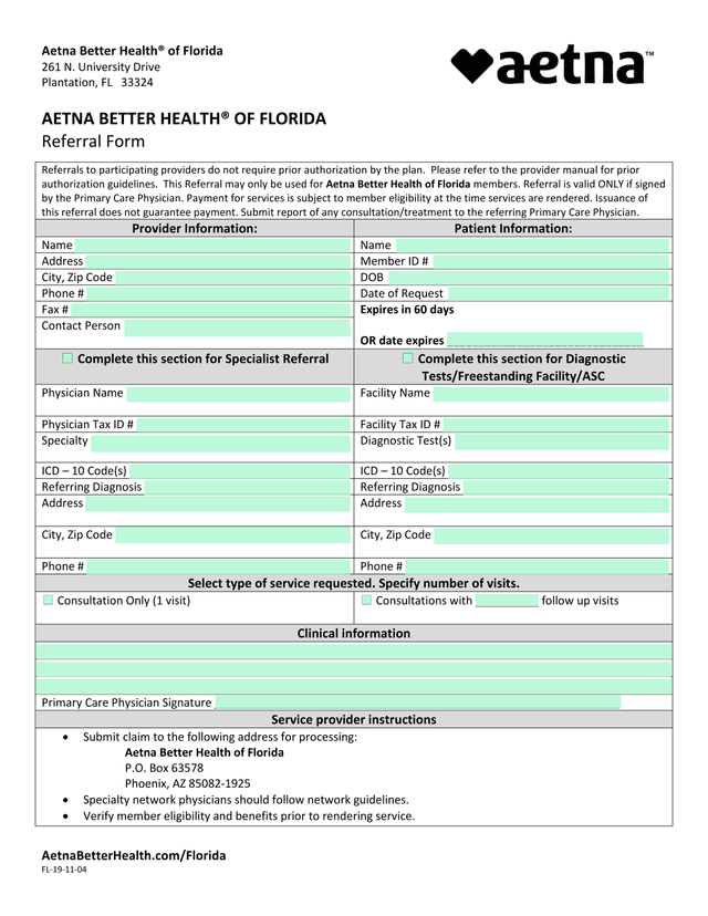 Aetna Better Health Of Florida Referral Form screenshot